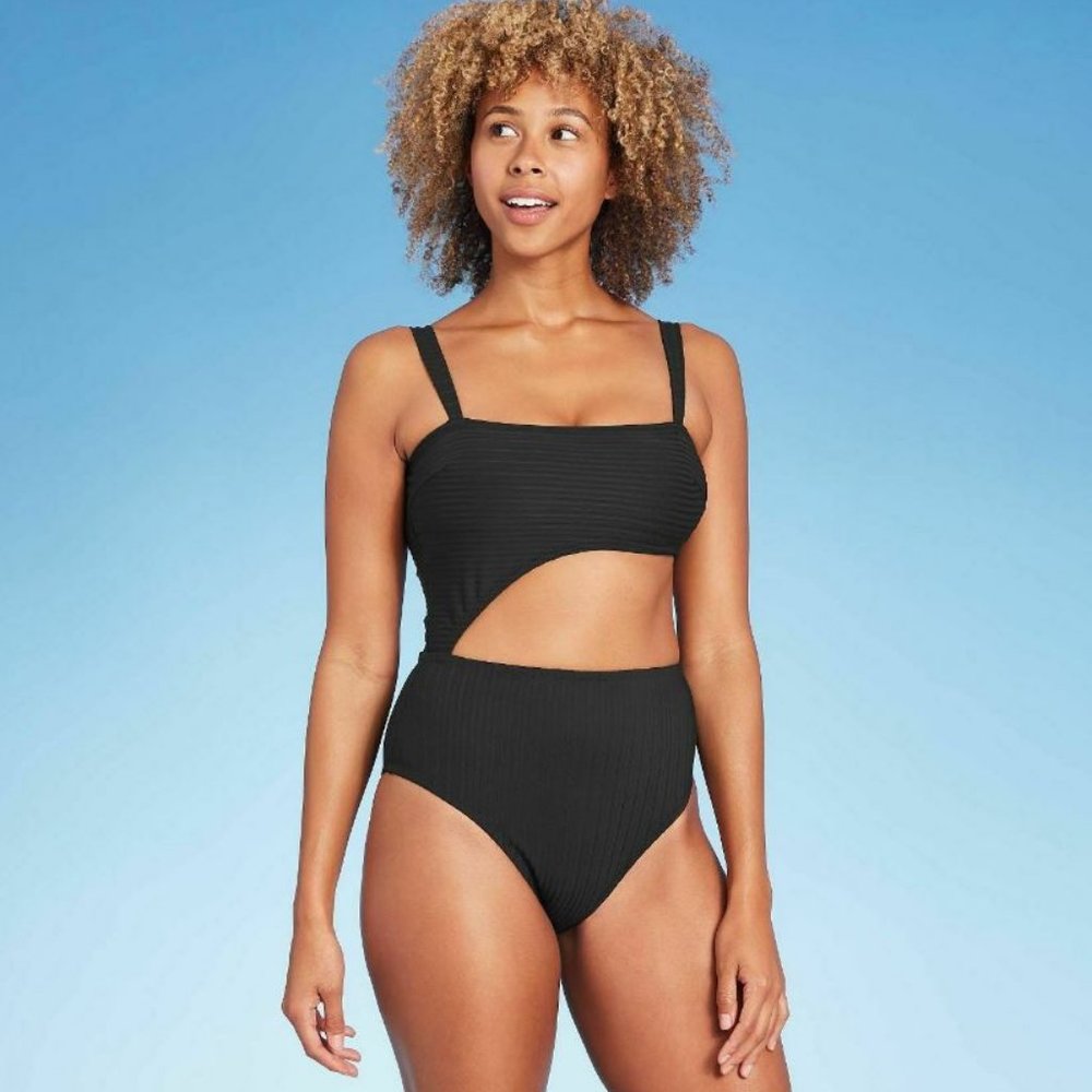 Shade & Shore Black Ribbed Cut Out One Piece